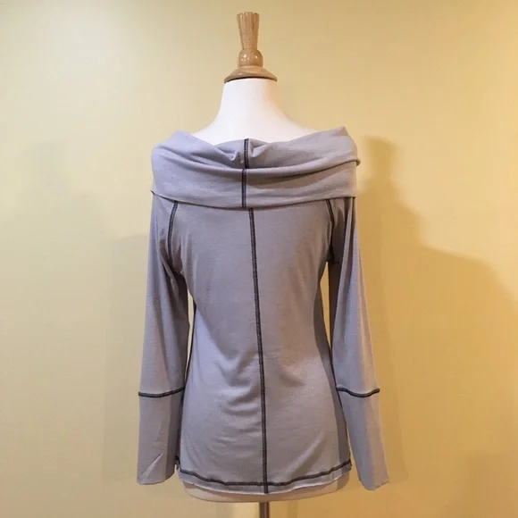 💥 SALE Fold Over Cowl Neck Off Shoulder Contrast Stitch Knit Top Grey - Picture 4 of 6